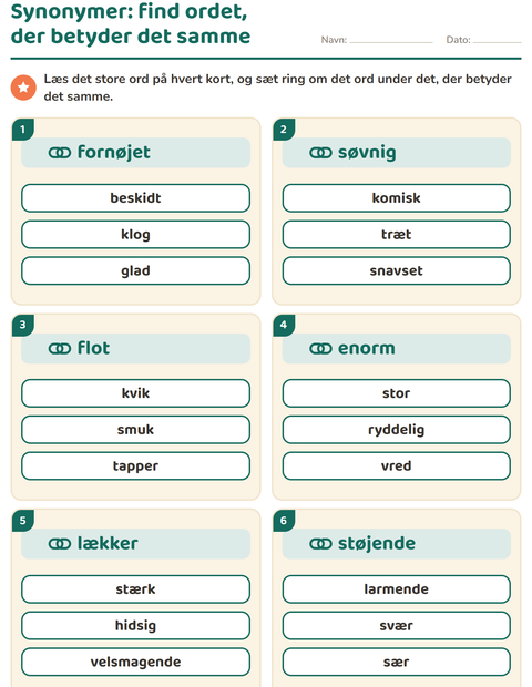 Forhåndsvisning af Synonymer-arbejdsark til 2. klasse