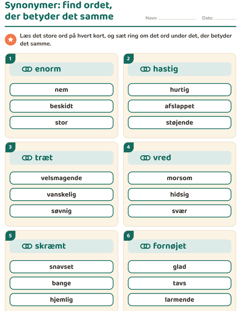Forhåndsvisning af Synonymer-arbejdsark til 2. klasse