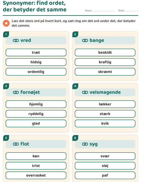 Forhåndsvisning af Synonymer-arbejdsark til 2. klasse
