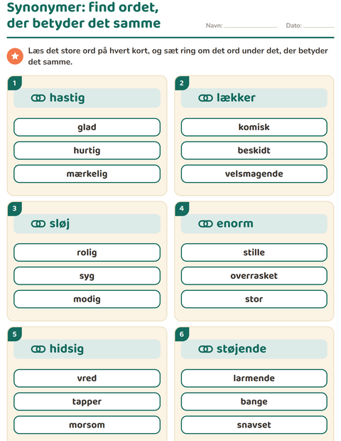 Forhåndsvisning af Synonymer-arbejdsark til 2. klasse