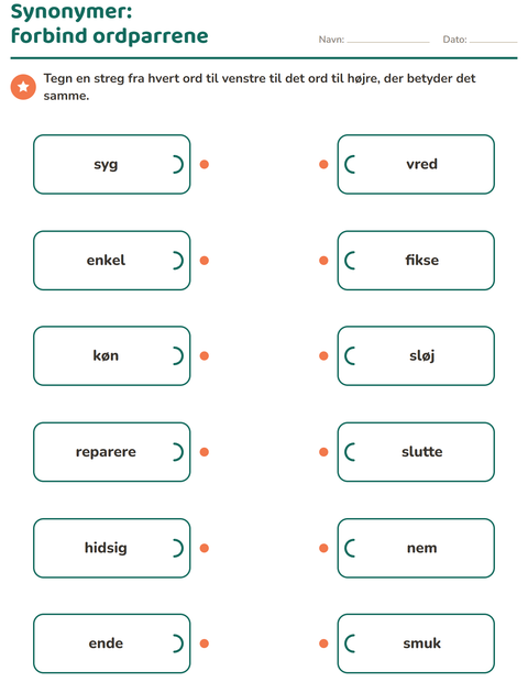 Forhåndsvisning af Synonymer-arbejdsark til 2. klasse