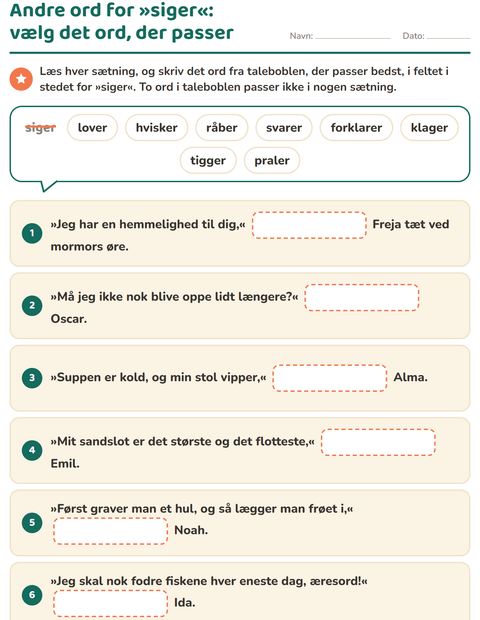 Forhåndsvisning af Synonymer-arbejdsark til 2. klasse