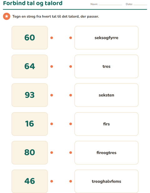 Forhåndsvisning af Talord-arbejdsark til 1. klasse
