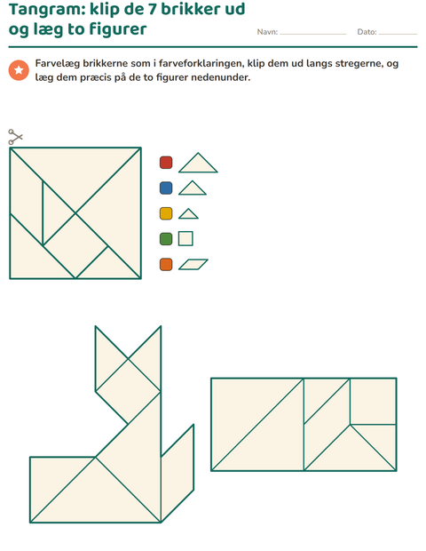 Tangram – klip de syv brikker ud, og læg to figurer – børnehaveklasse