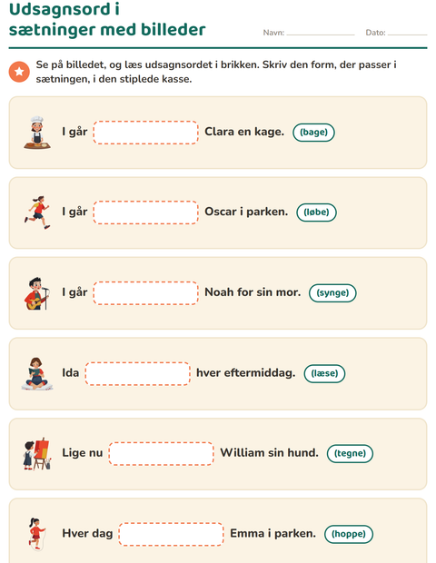 Forhåndsvisning af Udsagnsord: nutid og datid-arbejdsark til 2. klasse