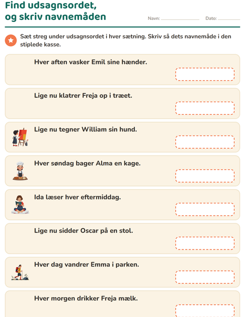 Forhåndsvisning af Udsagnsord: nutid og datid-arbejdsark til 2. klasse