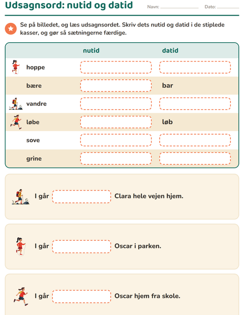 Forhåndsvisning af Udsagnsord: nutid og datid-arbejdsark til 2. klasse