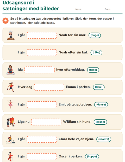 Forhåndsvisning af Udsagnsord: nutid og datid-arbejdsark til 2. klasse