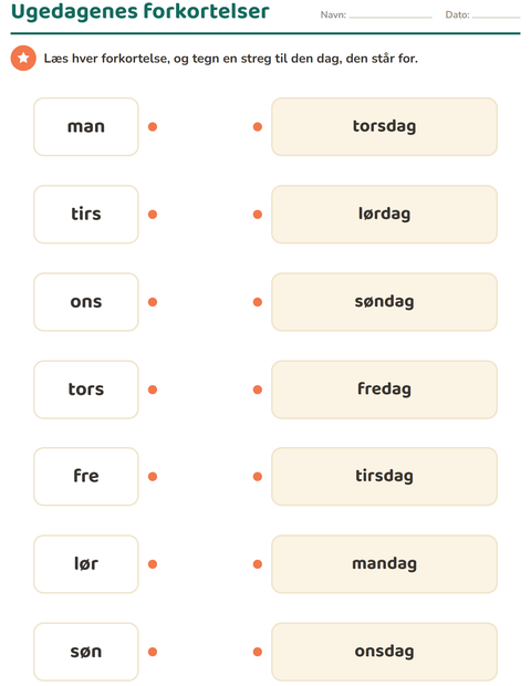 Forhåndsvisning af Ugedagenes forkortelser – man, tirs, ons – tegn en streg – 1. klasse