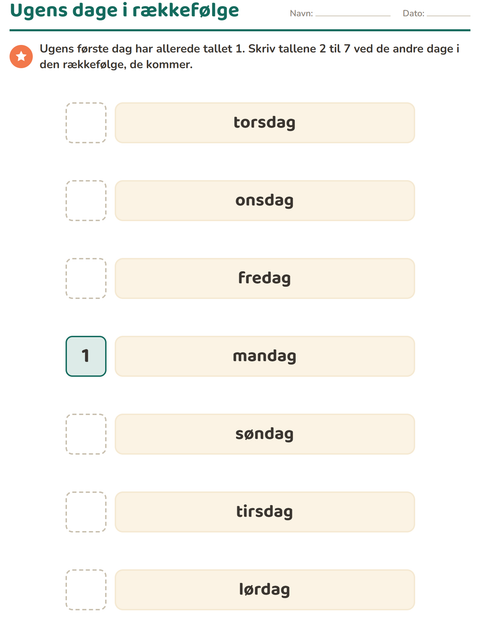 Forhåndsvisning af Ugedage og måneder-arbejdsark til Børnehaveklasse