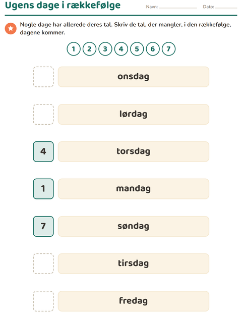Forhåndsvisning af Ugedage og måneder-arbejdsark til Børnehaveklasse