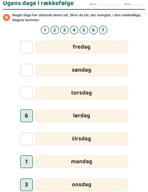 Forhåndsvisning af Ugedage og måneder-arbejdsark til Børnehaveklasse