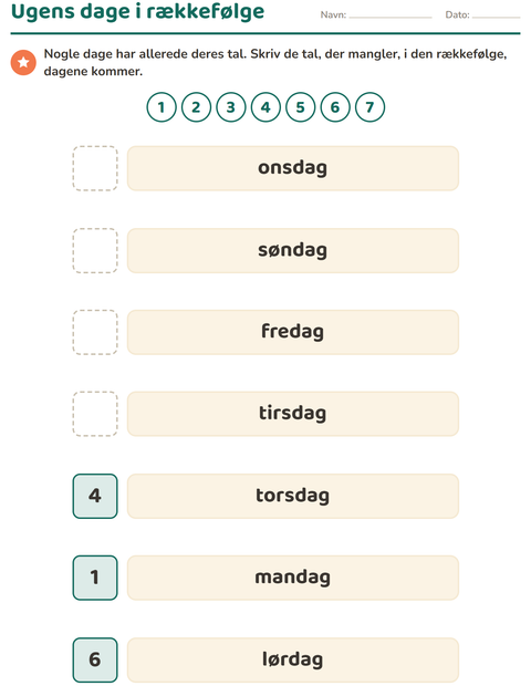 Forhåndsvisning af Ugedage og måneder-arbejdsark til Børnehaveklasse