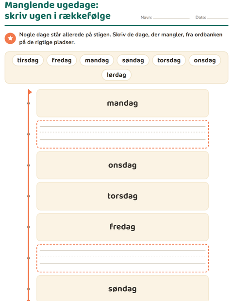 Forhåndsvisning af Ugedage og måneder-arbejdsark til Børnehaveklasse