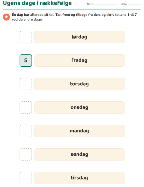 Forhåndsvisning af Ugedage og måneder-arbejdsark til Børnehaveklasse