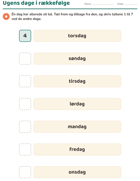 Forhåndsvisning af Ugedage og måneder-arbejdsark til Børnehaveklasse