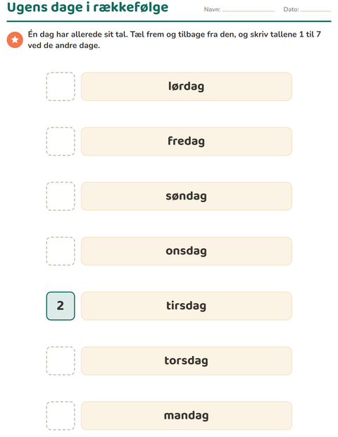 Forhåndsvisning af Ugedage og måneder-arbejdsark til Børnehaveklasse