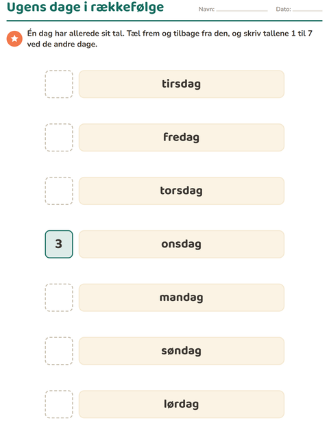 Forhåndsvisning af Ugedage og måneder-arbejdsark til Børnehaveklasse
