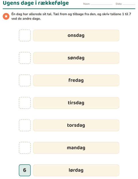 Forhåndsvisning af Ugedage og måneder-arbejdsark til Børnehaveklasse