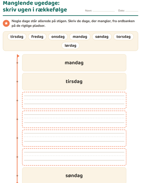 Forhåndsvisning af Ugedage og måneder-arbejdsark til Børnehaveklasse