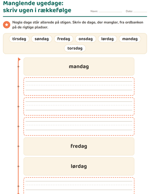 Forhåndsvisning af Ugedage og måneder-arbejdsark til Børnehaveklasse