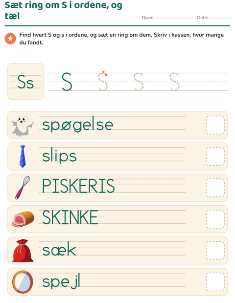 Sæt ring om bogstavet i ordene, og tæl – store og små – børnehaveklasse