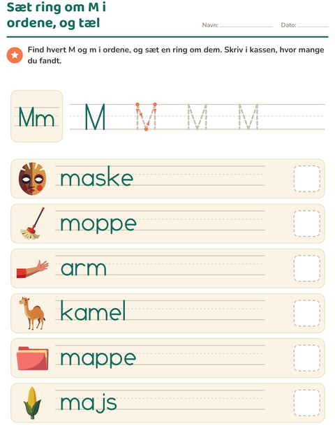 Forhåndsvisning af Ugens bogstav-arbejdsark til Børnehaveklasse