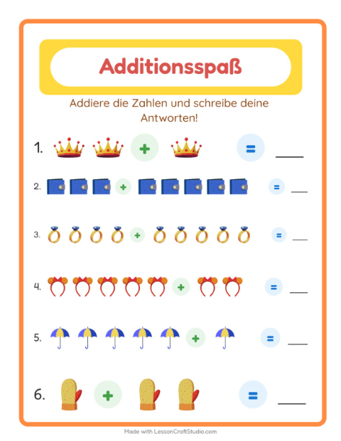 Vorschau: Addition-Arbeitsblatt mit Accessoires für Kindergarten