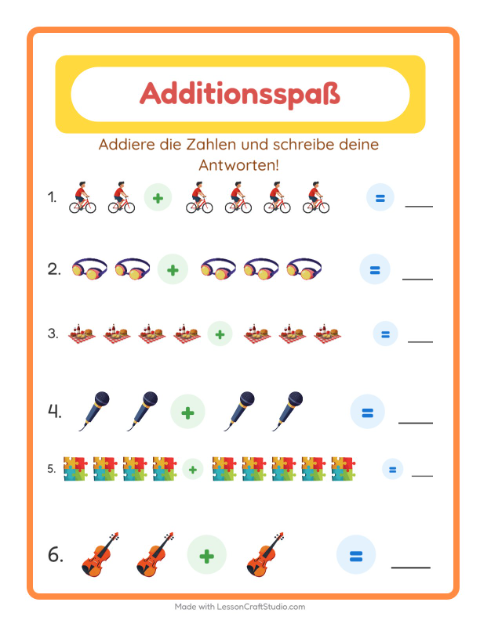 Vorschau: Addition-Arbeitsblatt mit Aktivitäten für Kindergarten