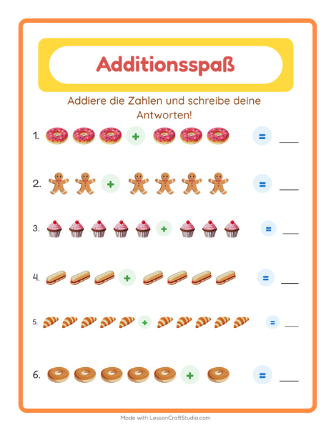 Vorschau: Addition-Arbeitsblatt mit Bäckerei für Kindergarten