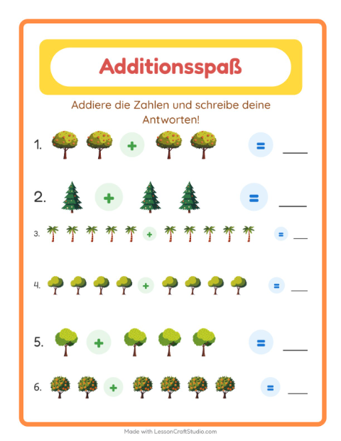 Vorschau: Addition-Arbeitsblatt mit Bäume für Kindergarten