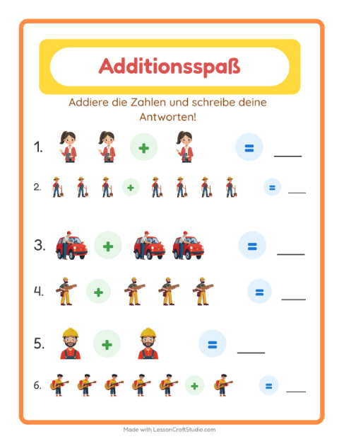 Vorschau: Addition-Arbeitsblatt mit Berufe für Kindergarten