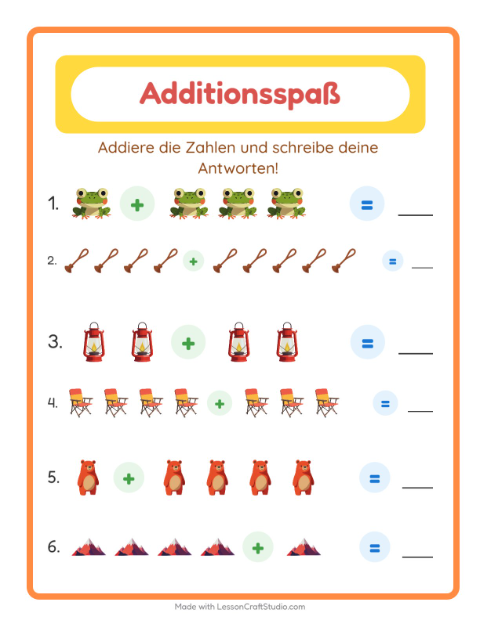 Vorschau: Addition-Arbeitsblatt mit Camping für Kindergarten