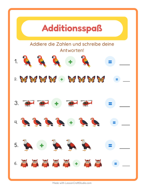 Vorschau: Addition-Arbeitsblatt mit Dinge die fliegen für Kindergarten