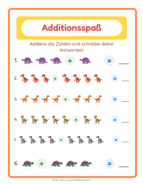 Vorschau: Addition-Arbeitsblatt mit Dinosaurier für Kindergarten