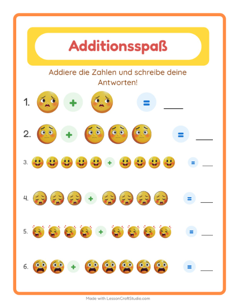 Vorschau: Addition-Arbeitsblatt mit Emotionen für Kindergarten