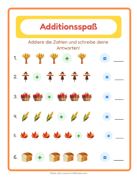 Vorschau: Addition-Arbeitsblatt mit Erntedankfest für Kindergarten