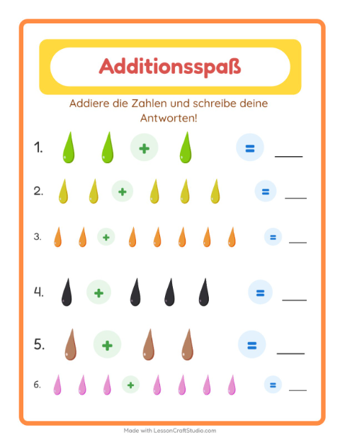 Vorschau: Addition-Arbeitsblatt mit Farben für Kindergarten