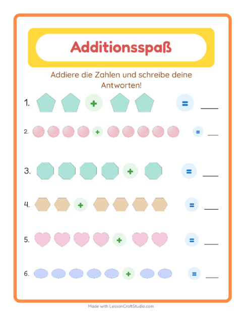 Vorschau: Addition mit Kreisen, Quadraten und Dreiecken – Arbeitsblatt für die 1. Klasse