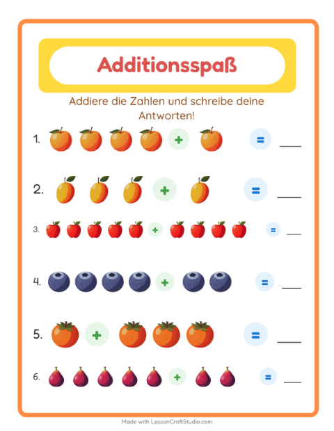 Vorschau: Addition-Arbeitsblatt mit Früchte für Kindergarten