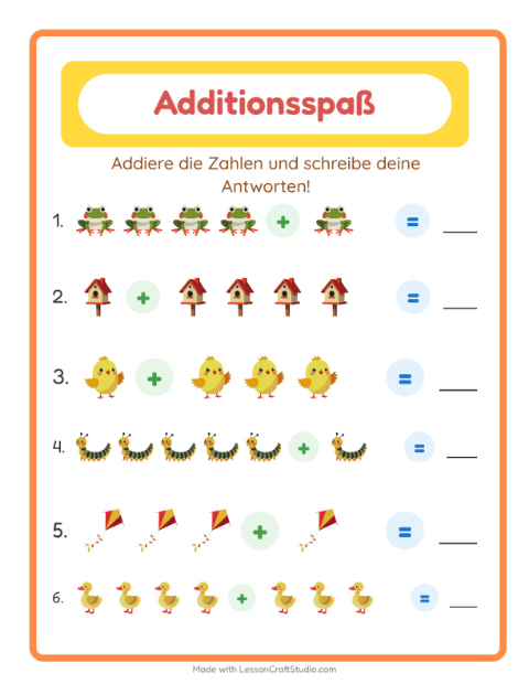 Vorschau: Addition-Arbeitsblatt mit Frühling für Kindergarten