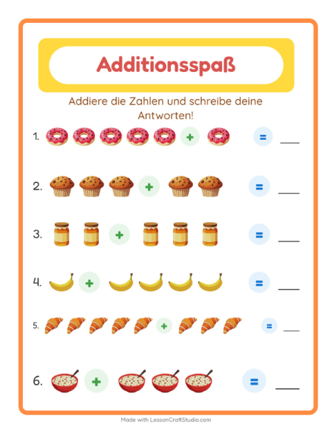 Vorschau: Addition-Arbeitsblatt mit Frühstück für Kindergarten