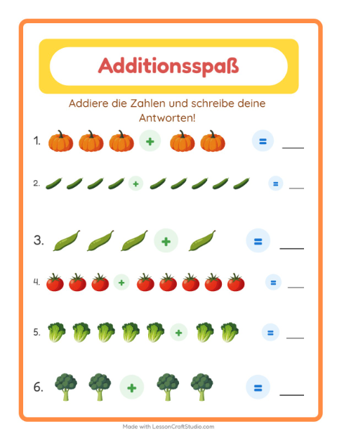 Vorschau: Addition-Arbeitsblatt mit Gemüse für Kindergarten