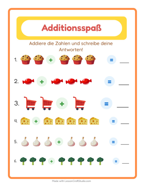 Vorschau: Addition-Arbeitsblatt mit Im Supermarkt für Kindergarten