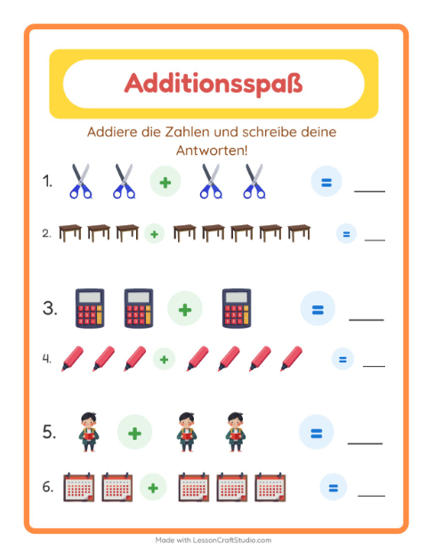 Vorschau: Addition-Arbeitsblatt mit Klassenzimmer für Kindergarten