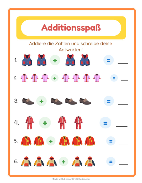 Vorschau: Addition-Arbeitsblatt mit Kleidung für Kindergarten