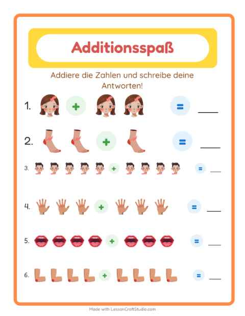 Vorschau: Addition-Arbeitsblatt mit Körperteile für Kindergarten