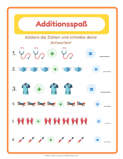 Vorschau: Addition-Arbeitsblatt mit Krankenhaus für Kindergarten