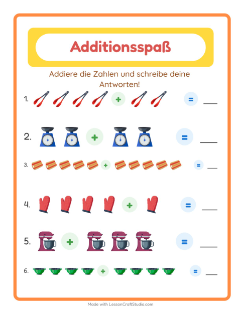 Vorschau: Addition-Arbeitsblatt mit Küchenwerkzeuge für Kindergarten