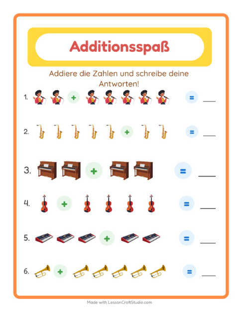 Vorschau: Addition-Arbeitsblatt mit Musik für Kindergarten